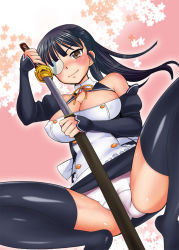 Rule 34 | 1girl, apron, bare shoulders, black hair, blush, breasts, brown eyes, cleavage, cleavage cutout, clothing cutout, cosplay, detached sleeves, dream c club, dream c club (series), covered erect nipples, eyepatch, katana, large breasts, long hair, nao (dream c club), nao (dream c club) (cosplay), panties, pantyshot, ponytail, ribbon, sakamoto mio, solo, squatting, strike witches, sword, thighhighs, uesugi kyoushirou, underwear, waitress, weapon, world witches series