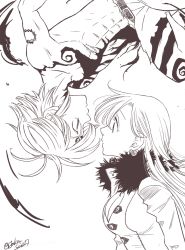 Rule 34 | 10s, 1boy, 1girl, antenna hair, bad id, bad pixiv id, belt, breasts, cleavage, couple, dark persona, dragon tattoo, earrings, elizabeth liones, face-to-face, fur trim, greyscale, harumiya, jewelry, long hair, long sleeves, looking at another, meliodas, monochrome, muscular, nanatsu no taizai, shoulder tattoo, single earring, tattoo, torn clothes, twitter username