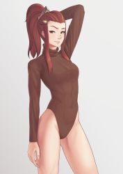 Rule 34 | 1girl, arm at side, arm behind head, blush, breasts, brigitte (overwatch), brown eyes, brown hair, closed mouth, commentary request, eyelashes, fingernails, freckles, heattech leotard, highres, leotard, long hair, long sleeves, looking at viewer, overwatch, overwatch 1, ponytail, putcher, ribbed sweater, sidelocks, simple background, smile, solo, sweater, thighs, turtleneck