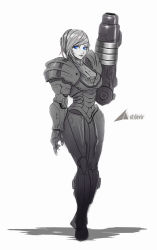 Rule 34 | 1girl, arm cannon, armor, artist name, astdevir, blue eyes, breasts, full body, hand up, highres, large breasts, light smile, looking at viewer, metroid, monochrome, narrow waist, nintendo, power armor, samus aran, shadow, simple background, smile, solo, spot color, standing, swept bangs, weapon