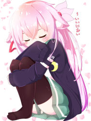Rule 34 | 1girl, absurdres, animal ears, azur lane, black cardigan, black thighhighs, blush, cardigan, cat ears, closed eyes, commentary request, cosplay, covered mouth, crescent, green skirt, hair between eyes, hair ornament, hair ribbon, highres, historical name connection, hugging own legs, kantai collection, kisaragi (azur lane), kisaragi (kancolle), kisaragi (kancolle) (cosplay), long hair, long sleeves, name connection, nekoyanagi (azelsynn), no shoes, open cardigan, open clothes, petals, pink hair, red ribbon, ribbon, shirt, sitting, skirt, sleeves past fingers, sleeves past wrists, solo, tears, thighhighs, translation request, very long hair, white background, white shirt