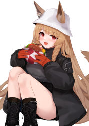 Rule 34 | 1girl, animal ears, arknights, bad id, bad pixiv id, black footwear, black jacket, blush, boots, braid, burger, ceobe (arknights), ceobe (unfettered) (arknights), dog ears, dog girl, dog tail, ears through headwear, fang, food, food wrapper, gloves, hands up, hat, highres, holding, holding food, invisible chair, izumi roka, jacket, long hair, looking at viewer, official alternate costume, open mouth, red eyes, red gloves, side braids, simple background, sitting, skin fang, solo, tail, white background, white hat