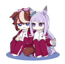 Rule 34 | 2girls, animal ears, blue eyes, blush, bow, chibi, closed mouth, colored shadow, commentary request, ear ribbon, green ribbon, hair between eyes, hair ribbon, highres, holding, holding syringe, horse ears, horse girl, horse tail, jacket, knees up, long hair, long sleeves, mejiro mcqueen (umamusume), multicolored hair, multiple girls, nozo (hitomiz), pants, parted lips, pink ribbon, ponytail, purple eyes, purple hair, purple jacket, purple pants, ribbon, shadow, short eyebrows, sitting, sleeves past wrists, socks, streaked hair, syringe, tail, thick eyebrows, tokai teio (umamusume), track jacket, track pants, track suit, umamusume, v-shaped eyebrows, very long hair, white background, white legwear