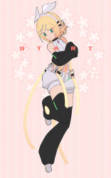 Rule 34 | 1girl, belt, black sleeves, black thighhighs, blonde hair, bow, cherry blossoms, commentary, crossed arms, d futagosaikyou, detached sleeves, dot mouth, floral background, full body, green eyes, hair bow, hair ornament, hairclip, headphones, highres, kagamine rin, kagamine rin (append), leg up, looking down, midriff, navel, pendant choker, pink background, shirt, short hair, short shorts, shorts, sleeveless, sleeveless shirt, solo, standing, standing on one leg, swept bangs, symbol-only commentary, thighhighs, treble clef, vocaloid, vocaloid append, white bow, white shirt, white shorts