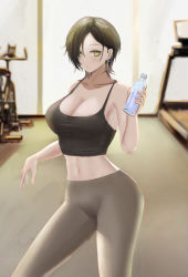 Rule 34 | 1girl, absurdres, alternate costume, azur lane, black hair, black shirt, blouse, bottle, breasts, brown pants, cleavage, closed mouth, collarbone, cross, cross earrings, dido (magicc), earrings, feet out of frame, gym, hair between eyes, highres, holding, holding bottle, jewelry, large breasts, leggings, looking at viewer, medium hair, navel, pants, shirt, simple background, solo, sportswear, standing, ulrich von hutten (azur lane), water bottle, yellow eyes