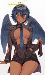 Rule 34 | 1girl, agamemega, ahoge, blue hair, blue necktie, blush, breasts, choker, cleavage, collared shirt, commentary request, dark-skinned female, dark skin, halo, highres, long sleeves, looking at viewer, multicolored hair, necktie, open clothes, open shirt, original, rectangular halo, shirt, short hair, short shorts, shorts, sitting, solo, streaked hair, thighs, yellow eyes