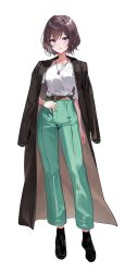 Rule 34 | 1girl, absurdres, belt, black coat, black footwear, black hair, blush, brown belt, coat, coat on shoulders, commentary request, full body, gakuen idolmaster, green pants, high-waist pants, highres, idolmaster, jewelry, looking at viewer, maanu, necklace, neo asari, open mouth, pants, purple eyes, shirt, shirt tucked in, short hair, simple background, smile, solo, standing, white background, white shirt