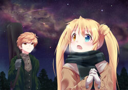Rule 34 | 1boy, 1girl, aurora, blonde hair, blue eyes, blush, brown coat, casual, coat, commentary request, d:, eyelashes, gloves, green coat, green scarf, grey gloves, hair between eyes, heterochromia, interlocked fingers, long hair, long sleeves, looking up, nakatsu shizuru, night, open mouth, orange hair, outdoors, own hands together, rewrite, scarf, shooting star, short hair, sky, spiked hair, star (sky), stargazing, starry sky, surprised, tagame (tagamecat), tennouji kotarou, twintails, upper body, visible air, white gloves, winter, winter clothes, yellow eyes