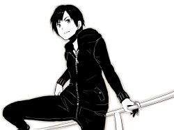 Rule 34 | 1girl, absurdres, black jacket, cross, cross necklace, earrings, highres, jacket, jewelry, looking at viewer, monochrome, necklace, original, outline, pants, poaro, railing, reverse trap, ring, short hair, simple background, sitting, solo, spot color, white background, zipper