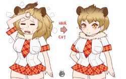 Rule 34 | 1girl, alternate hair length, alternate hairstyle, animal ears, blonde hair, blouse, blush, breasts, commentary request, dated, english text, fur collar, highres, hot, kemono friends, large breasts, lion (kemono friends), lion ears, necktie, partial commentary, shirt, short hair, signature, skindentation, skirt, smile, sparkle, sweat, taikyokuturugi, thighhighs, yellow eyes
