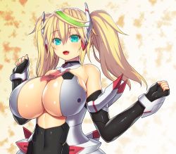Rule 34 | 1girl, aqua eyes, asamura hiori, bare shoulders, blonde hair, blush, breasts, elbow gloves, fingerless gloves, gene (pso2), gloves, green hair, hair between eyes, highres, huge breasts, large breasts, long hair, looking at viewer, multicolored hair, open mouth, phantasy star, phantasy star online 2, smile, solo, twintails