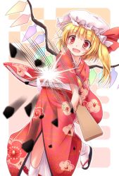 Rule 34 | 1girl, :d, alternate costume, blonde hair, blush, crystal, flandre scarlet, floral print, hagoita, hat, hat ribbon, highres, japanese clothes, kimono, long sleeves, lzh, mob cap, motion lines, obi, open mouth, paddle, red eyes, red ribbon, ribbon, sandals, sash, side ponytail, smile, solo, standing, tabi, touhou, white hat, white legwear, wide sleeves, wings