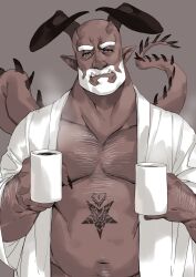 Rule 34 | 1boy, bald, bara, bare pectorals, beard, belly, chocolate, chocolate on body, chocolate on pectorals, cowboy shot, cup, curled horns, dark-skinned male, dark skin, demon boy, demon horns, facial hair, fat, fat man, food on body, full beard, hairy, heart, heart tattoo, highres, holding, holding cup, horns, incoming drink, kimidori (dera kimidori), looking at viewer, male focus, mature eyes, mature male, monster boy, mug, muscular, muscular male, naked robe, navel, open clothes, open robe, original, pectorals, pointy ears, robe, skin-covered horns, solo, sparse chest hair, sparse navel hair, spiked tail, standing, stomach, stomach tattoo, strongman waist, tail, tattoo, thick arm hair, thick eyebrows, tusks, wrinkled skin