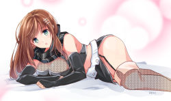 Rule 34 | 1girl, alternate costume, ass, bare shoulders, breasts, brown hair, cleavage, cleavage cutout, clothing cutout, commentary request, elbow gloves, fingerless gloves, fishnet thighhighs, fishnets, garter straps, gloves, green eyes, hair ornament, hairclip, large breasts, long hair, looking at viewer, lying, on side, ruiki (fkhv7527), see-through, solo, sophia esteed, star ocean, star ocean till the end of time, thighhighs
