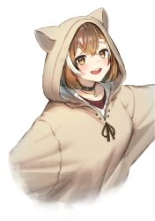 Rule 34 | 1girl, :d, absurdres, ahoge, animal hood, black choker, braid, braided bangs, brown eyes, brown hair, brown hoodie, choker, crossed bangs, ears through headwear, highres, hololive, hololive english, hood, hood up, hoodie, jewelry, looking at viewer, multicolored hair, nanashi mumei, nanashi mumei (casual), necklace, official alternate costume, official alternate hairstyle, open mouth, oversized clothes, red shirt, shirt, short hair, smile, streaked hair, sweater, teeth, tenchi mayo, upper teeth only, virtual youtuber, white sweater, wide sleeves