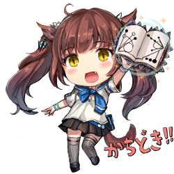 Rule 34 | 10s, 1girl, :d, animal ears, book, brown hair, fang, final fantasy, final fantasy xiv, lowres, miqo&#039;te, momoko (momopoco), open book, open mouth, simple background, slit pupils, smile, solo, tail, twintails, white background