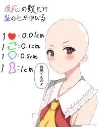Rule 34 | 1girl, alternate hairstyle, ascot, bald, bald girl, collared shirt, detached sleeves, flat chest, frilled shirt collar, frills, hakurei reimu, highres, like and retweet, red eyes, red vest, setsugetsuka436, shirt, simple background, sleeveless, sleeveless shirt, touhou, translation request, upper body, vest, white background, white sleeves, yellow ascot
