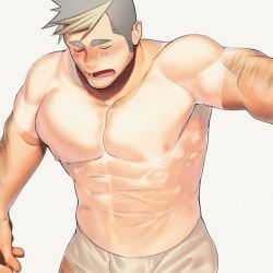 Rule 34 | 1boy, arm hair, bara, blush, boxer (danshikobo), boxers, bulge, closed eyes, covered abs, covered erect nipples, covered navel, facial hair, grey hair, large pectorals, male focus, male underwear, multicolored hair, muscular, original, pectoral focus, pectorals, realistic, see-through, see-through sleeves, shirt, short hair, sideburns, solo, stubble, tongue, two-tone hair, underwear, upper body, wet, wet clothes, wet shirt, white background, white shirt