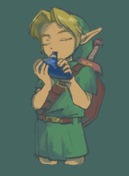 Rule 34 | 1boy, belt, blonde hair, brown belt, child, closed eyes, commentary request, cropped legs, deku shield, green background, green hat, green tunic, hat, instrument, kokiri sword, link, music, nintendo, ocarina, playing instrument, shield, shield on back, shoulder belt, simple background, solo, standing, sword, the legend of zelda, the legend of zelda: ocarina of time, weapon, weapon on back, wooden shield, yamori (yamoooon21), young link