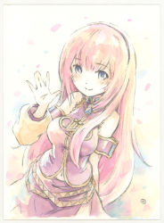 Rule 34 | 1girl, arm behind back, armband, bare shoulders, belt, blue eyes, commentary, cowboy shot, detached sleeves, epoxy putty, falling petals, gold trim, hairband, hand up, light blush, long hair, long skirt, looking at viewer, megurine luka, painting (medium), petals, pink hair, pink shirt, pink skirt, shirt, side slit, signature, single detached sleeve, skirt, sleeveless, sleeveless shirt, smile, solo, traditional media, very long hair, vocaloid, watercolor (medium), waving