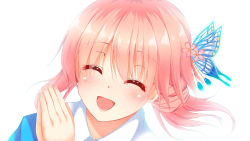 Rule 34 | 1girl, alternate hairstyle, blush, bug, butterfly, butterfly hair ornament, close-up, eyes visible through hair, fingernails, hair ornament, image sample, insect, kanzashi, merxkialis, nail, no headwear, open mouth, pink hair, saigyouji yuyuko, simple background, smile, solo, touhou, white background