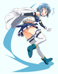 Rule 34 | 1girl, ^^^, ankle boots, aqua background, ass, bare shoulders, belt, blue eyes, blue footwear, blue hair, blue skirt, blush, boots, bottomless, breasts, cape, d:, detached sleeves, dot nose, embarrassed, floating hair, fortissimo, frills, full body, gloves, hair between eyes, hair ornament, hairclip, highres, inoue kouji, leg up, looking back, looking down, mahou shoujo madoka magica, mahou shoujo madoka magica (anime), medium breasts, miki sayaka, musical note, musical note hair ornament, no panties, open mouth, outstretched arms, pleated skirt, shaded face, short hair, simple background, skirt, solo, standing, standing on one leg, strapless, surprised, thighhighs, thighs, white cape, white gloves, white thighhighs, wide-eyed, zettai ryouiki