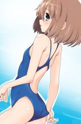Rule 34 | 1girl, adjusting clothes, adjusting swimsuit, back, back cutout, blue background, blue eyes, blue one-piece swimsuit, blush, brown hair, clothing cutout, flat chest, from behind, from side, gradient background, hair between eyes, iwashi dorobou -r-, neptune (series), one-piece swimsuit, parted bangs, rom (neptunia), short hair, solo, standing, swimsuit, white background