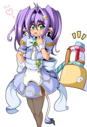 Rule 34 | 1boy, :p, animal ears, apple, back bow, blush, bow, box, child, commentary request, cow boy, cow ears, cow tail, crossdressing, dress, earrings, envelope, eyebrows, feet out of frame, food, frilled dress, frills, fruit, gift, gift box, green eyes, hair between eyes, hair intakes, hair ornament, hand on own hip, heart, jewelry, lavender dress, legs together, long hair, looking at viewer, mail, matsumoto katsuya, mole, mole under eye, notice lines, original, otto lerche austin, packet, pantyhose, puffy short sleeves, puffy sleeves, purple hair, sash, short sleeves, simple background, solo, standing, tail, tongue, tongue out, twintails, waist bow, white background, wrist cuffs
