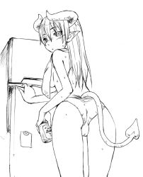 Rule 34 | 1girl, alcohol, ass, astaroth (shinrabanshou), back, beer, black sclera, colored sclera, greyscale, horns, leaning forward, looking back, monochrome, panties, refrigerator, shinrabanshou, solo, standing, sweat, tail, towel, underwear, underwear only