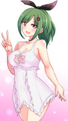 Rule 34 | 1girl, beatus creation, black ribbon, breasts, cleavage, commentary, cougar (cougar1404), cowboy shot, dress, floral print, frilled dress, frills, gradient background, green hair, hair ornament, hair ribbon, hairclip, long hair, looking at viewer, luifon (beatus creation), medium breasts, open mouth, pink background, purple eyes, ribbon, short dress, sidelocks, smile, solo, spaghetti strap, standing, sundress, v, white background, white dress