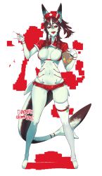 Rule 34 | 1girl, :d, animal ears, barefoot, breasts, brown hair, clipboard, fins, fish tail, full body, gloves, hair between eyes, hat, highres, long hair, looking at viewer, micro shorts, n0r0, navel, nurse cap, open mouth, original, ponytail, red eyes, shark fin, shark girl, shark tail, sharp teeth, shorts, single thighhigh, smile, solo, syringe, tail, teeth, thigh strap, thighhighs, thong, white gloves, white hair, white thighhighs
