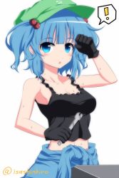 Rule 34 | !, 1girl, alternate costume, armpits, bad id, bad twitter id, blue eyes, blue hair, blush, breasts, cleavage, gloves, hair bobbles, hair ornament, hat, highres, isa, kawashiro nitori, matching hair/eyes, open mouth, short hair, solo, sweat, tank top, touhou, twintails, two side up, wrench
