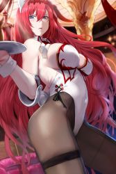 Rule 34 | 1girl, ass, black pantyhose, blue eyes, blurry, breasts, depth of field, from side, godsworn alexiel, granblue fantasy, hair between eyes, hews, highleg, highleg leotard, highres, holding, holding tray, indoors, large breasts, leotard, long hair, looking at viewer, open mouth, pantyhose, playboy bunny, red hair, solo, thighband pantyhose, thighs, tray, very long hair, wavy hair, white leotard, wrist cuffs