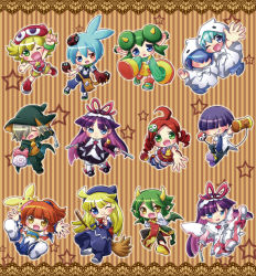 Rule 34 | 4boys, 6+girls, ;d, ahoge, amitie (puyopuyo), andou ringo, aqua hair, arle nadja, arm up, armor, armored dress, bag, blonde hair, bloomers, blue eyes, blue skirt, blush, bow, bracelet, broom, brown background, brown hair, bug, candy, cape, capelet, capri pants, carbuncle (puyopuyo), chibi, china dress, chinese clothes, clenched hand, clenched hands, compile, draco centauros, dragon tail, dragon wings, dress, drill hair, dual persona, fang, feli (puyopuyo), fighting stance, flipped hair, food, ghost, ghost tail, gloves, gothic lolita, green eyes, green hair, green shirt, grey hair, hair ornament, hair over one eye, hairband, hairclip, happy, hat, heterochromia, highres, hood, horns, insect, jewelry, kendama, ladybug, lemres (puyopuyo), lidelle (puyopuyo), lolita fashion, lollipop, long hair, madou monogatari, mary janes, multiple boys, multiple girls, name connection, necktie, no nose, object namesake, one eye closed, open mouth, outstretched arms, outstretched hand, pants, pantyhose, pointing, pointy ears, purple hair, puyopuyo, puyopuyo 7, puyopuyo fever, raised fist, red dress, red eyes, red hair, rei (puyopuyo), ribbon, ruku (ruku 5050), sasaki maguro, sharp teeth, shawl, shirt, shoes, short hair, shorts, sig (puyopuyo), skirt, sleeves past wrists, smile, spread arms, staff, star (symbol), striped, striped background, tail, teeth, thighhighs, twin drills, twintails, underwear, white feli, white legwear, wings, wink, witch (puyopuyo), wrist cuffs, yellow eyes, yu (puyopuyo)