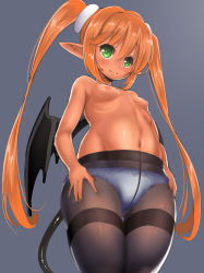 Rule 34 | 1girl, black pantyhose, blonde hair, breasts, bright pupils, character request, cowboy shot, crotch seam, demon tail, demon wings, green eyes, grey background, hands on own hips, hobby (kento), long hair, navel, nipples, panties, panties only, panties under pantyhose, pantyhose, pointy ears, simple background, slit pupils, small breasts, solo, tail, thighband pantyhose, topless, twintails, underwear, underwear only, very long hair, wings