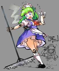 Rule 34 | 1girl, absurdres, blue eyes, broom, doodles, english text, flying sweatdrops, green hair, grey background, highres, holding, holding broom, kaibootsu, maid, missile, robot girl, ruukoto, salute, smoke, socks, speech bubble, touhou, water, white socks
