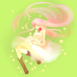 Rule 34 | 1girl, alternate hair color, bad id, bad pixiv id, bare shoulders, boots, closed eyes, dress, flower, full body, highres, long hair, megurine luka, nicohi, no nose, pink hair, red flower, red rose, rose, simple background, sleeveless, solo, vocaloid, white dress