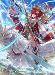 Rule 34 | 1girl, armor, arrow (projectile), bird, blue sky, boots, bow (weapon), bridal gauntlets, closed mouth, cloud, cloudy sky, commentary request, company name, copyright name, day, feather trim, fire emblem, fire emblem cipher, fire emblem fates, hagiya kaoru, hinoka (fire emblem), holding, holding bow (weapon), holding weapon, japanese armor, japanese clothes, knee boots, looking at viewer, nintendo, official art, outdoors, red eyes, red hair, short hair, sky, weapon
