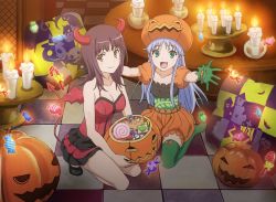 Rule 34 | 2girls, bare shoulders, blush, breasts, brown eyes, brown hair, candy, cleavage, food, green eyes, halloween, halloween costume, image sample, index (toaru majutsu no index), itsuwa, large breasts, long hair, looking at viewer, multiple girls, official art, pumpkin, silver hair, sitting, small breasts, smile, toaru majutsu no index, yandere sample