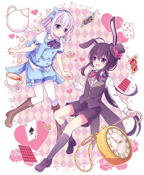 Rule 34 | 10s, 2boys, :d, ahoge, alice (alice in wonderland), alice (alice in wonderland) (cosplay), alice in wonderland, animal ears, ascot, black hair, black socks, boots, cane, card, checkered background, cosplay, cross-laced footwear, cup, flower, hairband, hat, heart, honebami toushirou, hyou (pixiv3677917), kneehighs, lace-up boots, male focus, mini hat, mini top hat, multiple boys, namazuo toushirou, open mouth, pantyhose, pantyhose under shorts, pink flower, pink rose, playing card, pocket watch, ponytail, puffy short sleeves, puffy shorts, puffy sleeves, purple eyes, rabbit ears, rose, short sleeves, shorts, smile, socks, teacup, teapot, top hat, touken ranbu, watch, white hair, white legwear, white rabbit (alice in wonderland), white rabbit (cosplay)