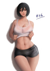 Rule 34 | 1girl, black hair, breasts, brown eyes, cleavage, clothes lift, highres, large breasts, lifting own clothes, lips, looking at viewer, midriff, mikasa ackerman, navel, parted lips, see-through, shingeki no kyojin, shirt lift, short hair, short shorts, shorts, solo, standing, tank top, thigh gap, wet, wet clothes, white background, zyl