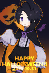 Rule 34 | 1boy, absurdres, ahoge, allister (pokemon), alternate costume, black cloak, black hair, black shorts, buttons, cloak, closed mouth, collared shirt, commentary request, creatures (company), dated, fang, fang out, frills, game freak, halloween, happy halloween, highres, himawari (kawaisounaedesu), long sleeves, male focus, mole, mole under mouth, neck ribbon, nintendo, pokemon, pokemon swsh, popped collar, purple eyes, purple ribbon, ribbon, shirt, short hair, shorts, sleeves past wrists, smile, solo, striped clothes, striped thighhighs, suspender shorts, suspenders, thighhighs