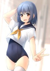 Rule 34 | 1girl, arm behind head, blue hair, bob cut, fang, highres, neckerchief, one-piece swimsuit, open mouth, original, sailor collar, school swimsuit, school uniform, serafuku, shibacha, short hair, signature, skin fang, solo, swimsuit, swimsuit under clothes, thigh gap, thighhighs, thighs, v, white thighhighs