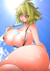 Rule 34 | 00s, 1girl, antenna hair, arcueid brunestud, areola slip, ass, ato (bfj315), blonde hair, blush, breasts, colored sclera, dripping, food, highres, huge breasts, lens flare, melty blood, popsicle, red arcueid, red sclera, shiny skin, sideboob, slingshot swimsuit, solo, strap gap, sweat, swimsuit, tsukihime, yellow eyes