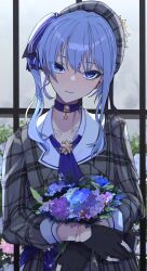 Rule 34 | 1girl, absurdres, beret, black gloves, blue choker, blue eyes, blue hair, bouquet, choker, crown, dress, flower, gloves, grey hat, hair between eyes, hat, highres, holding, holding bouquet, hololive, hoshimachi suisei, hoshimachi suisei (1st costume), jacket, long hair, looking at viewer, minagokoro, partially fingerless gloves, plaid, plaid dress, plaid headwear, plaid jacket, side ponytail, smile, solo, star (symbol), virtual youtuber