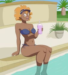 Rule 34 | 10s, 1girl, bikini, breasts, dark-skinned female, dark skin, earrings, female focus, hoop earrings, jewelry, little witch academia, medium breasts, navel, open mouth, smile, solo, swimsuit, thotticus-slayer, wading, wangari (little witch academia), water