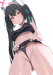 Rule 34 | 1girl, animal ear fluff, animal ears, bare shoulders, bikini, black bikini, black hair, black skirt, blue archive, blush, cat ears, cleft of venus, closed mouth, clothes lift, cowboy shot, extra ears, from behind, gluteal fold, groin, halo, lifted by self, long hair, looking at viewer, looking down, miniskirt, osanpo02, partially visible vulva, pink eyes, serika (blue archive), serika (swimsuit) (blue archive), simple background, skirt, skirt lift, solo, sweatdrop, swimsuit, twintails, wet, white background