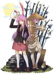 Rule 34 | 2girls, ajirogasa, animal ears, back-to-back, backpack, bag, bamboo, dual persona, forbidden scrollery, full body, hat, jacket, japanese clothes, kneehighs, long hair, long sleeves, looking at viewer, lunatic gun, multiple girls, necktie, open mouth, purple hair, rabbit ears, red eyes, reisen udongein inaba, rice hat, sandals, shirt, shoes, skirt, smile, socks, touhou, urin, vest, white background, white legwear, wide sleeves