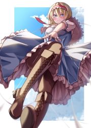 Rule 34 | 1girl, alice margatroid, ascot, blonde hair, blue dress, blue eyes, blue sky, boots, brown footwear, capelet, cross-laced footwear, dress, frilled ascot, frilled dress, frilled hairband, frills, grimoire of alice, hairband, highres, knee boots, lolita hairband, mahoro (minase mahoro), medium hair, pantyhose, puffy short sleeves, puffy sleeves, red ascot, red hairband, short sleeves, sky, solo, touhou, white capelet