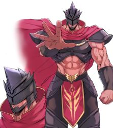 Rule 34 | 1boy, abs, armor, bara, belt, cape, chan kuro (azsdi4e), chest plate, clenched hand, covered eyes, gauntlets, helmet, highres, leg armor, loincloth, looking at viewer, male focus, manly, muscular, muscular male, navel, original, pants, pectorals, shoulder armor, shoulder pads, skirt, solo, thick arms, veins, veiny arms, warrior